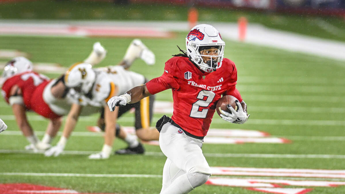 Fresno State’s Rayshon Luke finds room on a run against Wyoming at Valley Children’s Stadium during their game on Saturday, Nov. 16, 2025.