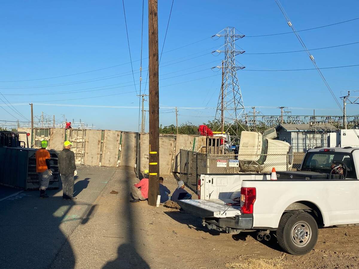 A big rig hauling chickens overturned near Jensen and Cornelia avenues near southwest Fresno on Friday, Aug. 26, 2022.