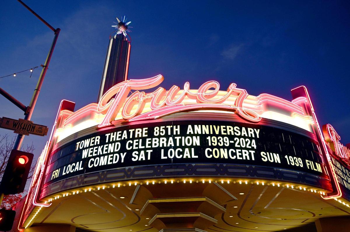 The Tower Theatre is seen as part of the 2024 Fresno High Neighborhood Holiday Home Tour Monday evening, Dec. 2, 2024 in Fresno. The Tower Theatre, which celebrates its 85th anniversary this month, opened December 14, 1939.