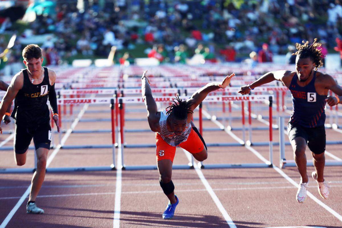 Central High senior Noel Felix tripped after his lean at the finish of the boys 110-meter high hurdles at the 2024 CIF State Track and Field Championships at Buchanan High (Clovis) on May 25, 2024. He finished second in 13.77.