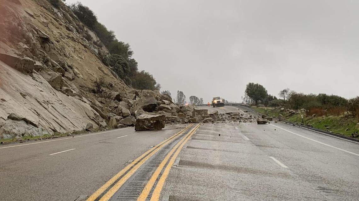 A rockslide on Saturday, Dec. 31, 2022, closed the four-lane stretch of Highway 168 in the Fresno County foothills near Shaver Lake. The road remained closed Sunday, with no estimate on when it would reopen.