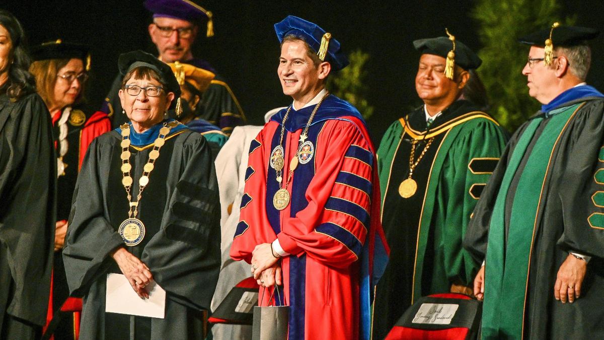 Dr. Saúl Jiménez-Sandoval smiles following his investiture ceremony to formally become Fresno State’s ninth president at the Save Mart Center on Friday, Sept. 9, 2022.