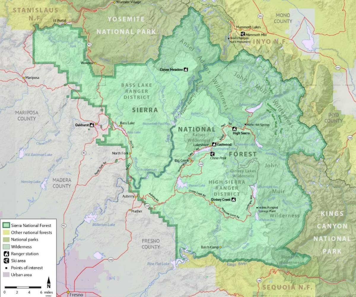 Map of the Sierra National Forest, which spans 1.3 million acres of the western slope of the Sierra Nevada mountains between Yosemite and Kings Canyon national parks.