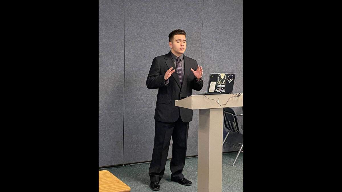 Buhach Colony High School’s academic decathlon team member Sam Samani delivers his speech through Zoom on Saturday, March 20 during the California Academic Decathlon competition. Samani received a near perfect score of 990 out of 1000 points to earn a silver medal in speech.