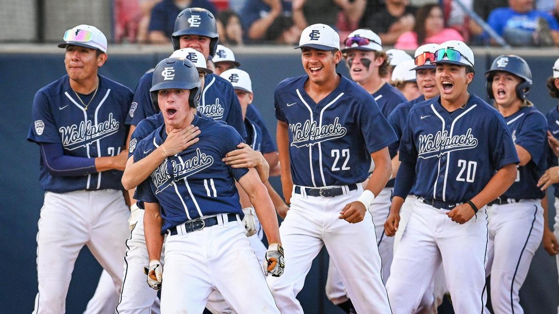 Clovis East’s Carson Sandoval, 11, celebrates with teammates after hitting a home run against Central in their Central Section Division II baseball championship game at Pete Beiden Field on Friday, May 27, 2022.
