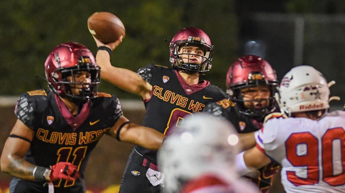 Clovis West quarterback Ryan Markarian throws downfield against Buchanan during their game at Lamonica Stadium in Clovis on Friday, Sept. 30, 2022.