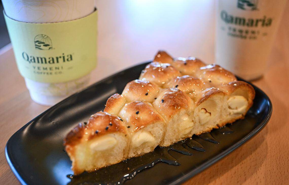 A honeycomb pastry and coffee served up at Qamaria Yemeni Coffee Co. in northwest Fresno.