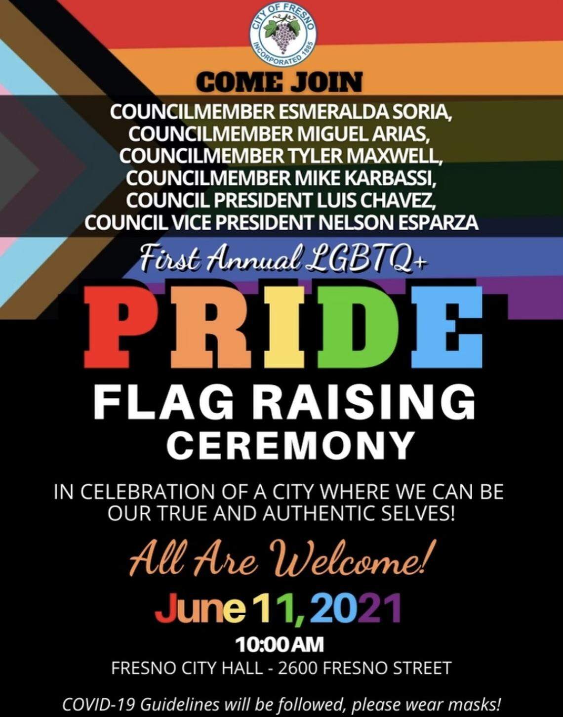A flyer with the names of six Fresno city councilmembers invites the public to a June 11 Flag pride raising ceremony at Fresno City Hall.