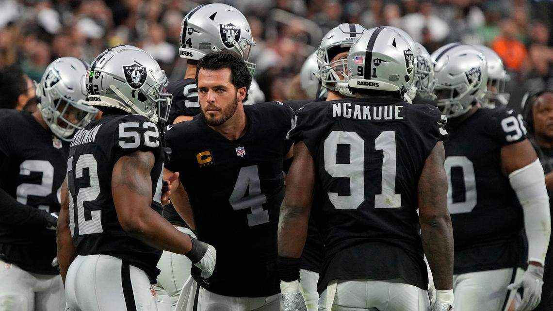 Las Vegas Raiders quarterback Derek Carr (4) during the second half of an NFL football game against the Philadelphia Eagles Oct. 24 in Las Vegas.