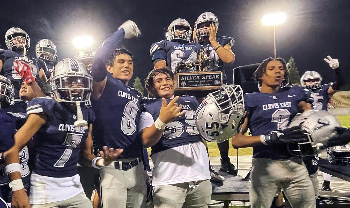 Clovis East celebrates its 42-21 win against Sanger in the Silver Spear trophy game Thursday, Aug. 31, 2023 in Clovis.