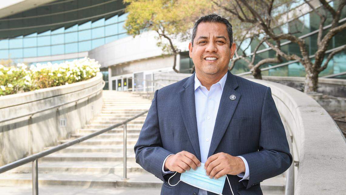 Fresno City Councilmember Miguel Arias stands outside Fresno City Hall on Tuesday, Oct. 6, 2020.