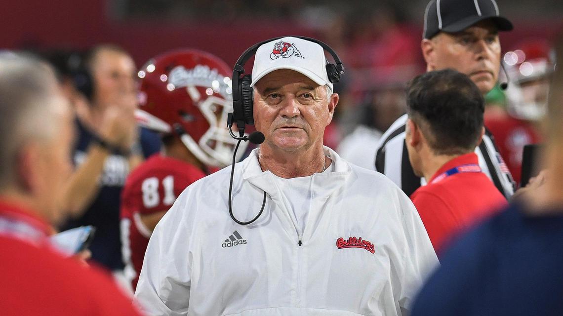 Fresno State coach Jeff Tedford gets ready for the kickoff against Cal Poly’s at Valley Children’s Stadium on Thursday, Sept. 1, 2022.