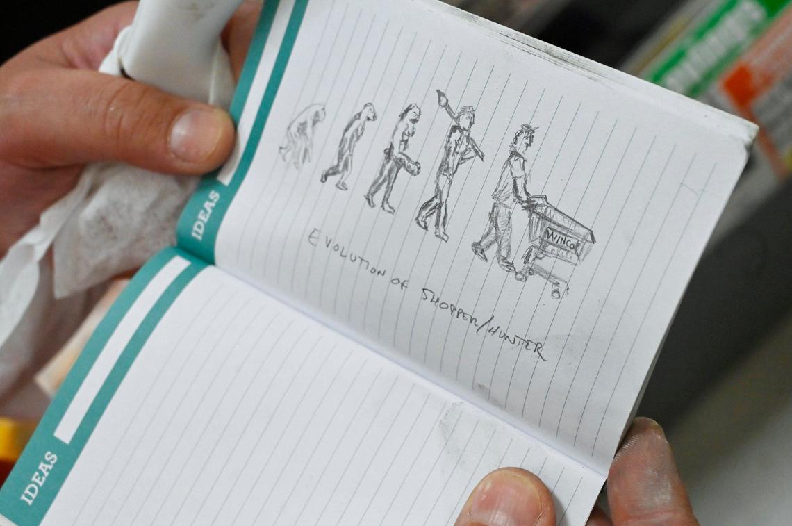 Scott Bolter’s notebook includes sketches for ideas he develops as he creates chalk artwork at WinCo Foods in Clovis where he works in the meat department.