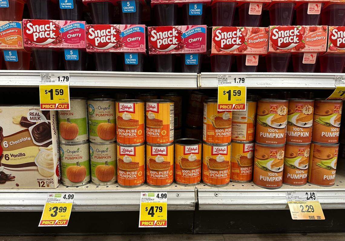 Cans of Libby’s pumpkin puree at Save Mart, 659 East Nees Ave. in Fresno, cost $4.79 apiece on Thursday, Nov. 20, 2024.