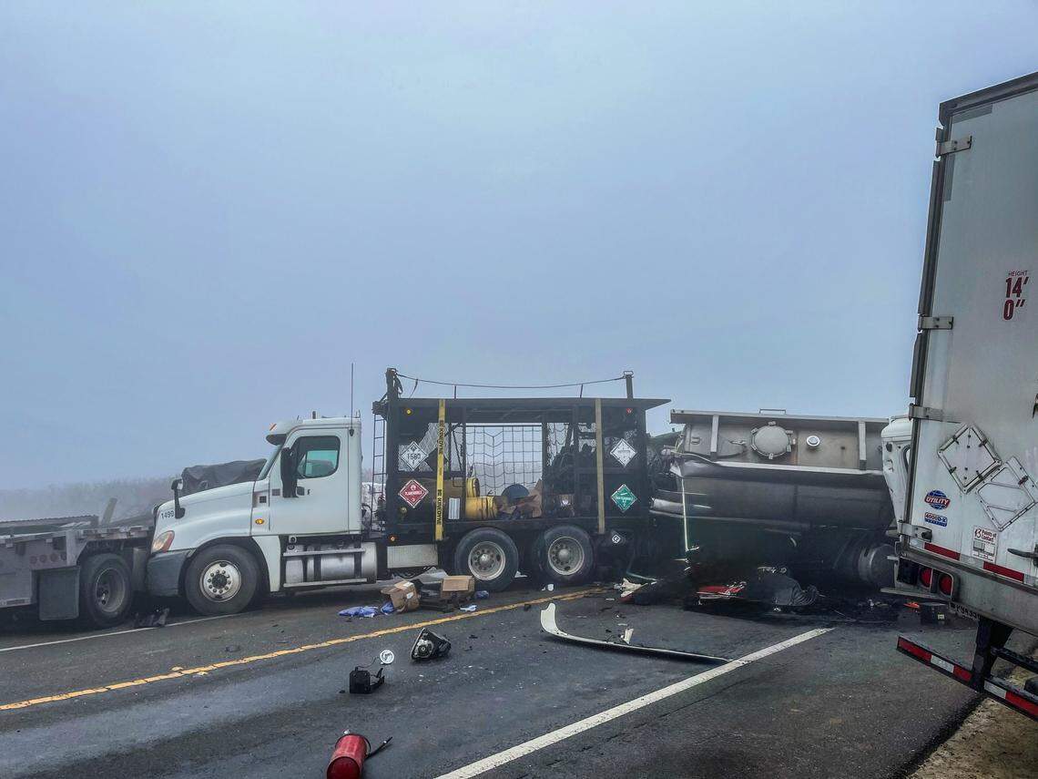 Fog is blamed for four commercial trucks colliding on Highway 43, between Kingsburg and Laton in Fresno County on Friday, Jan. 16, 2026.