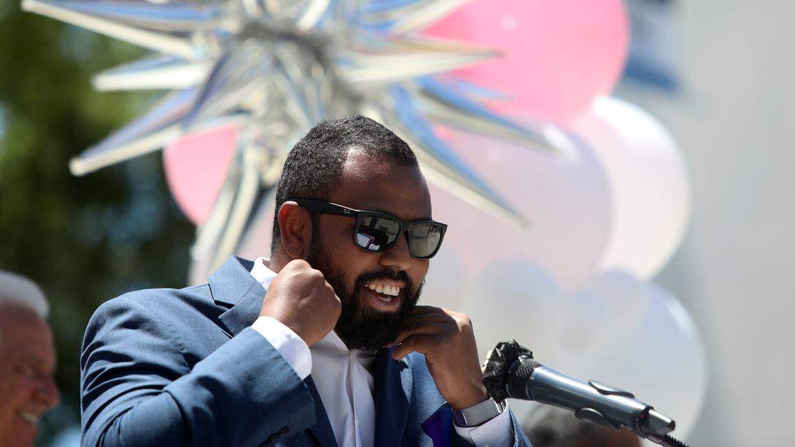 Fresno City Council President Nelson Esparza spoke at the Pride Flag-raising ceremony at Fresno City Hall on June 10, 2022.