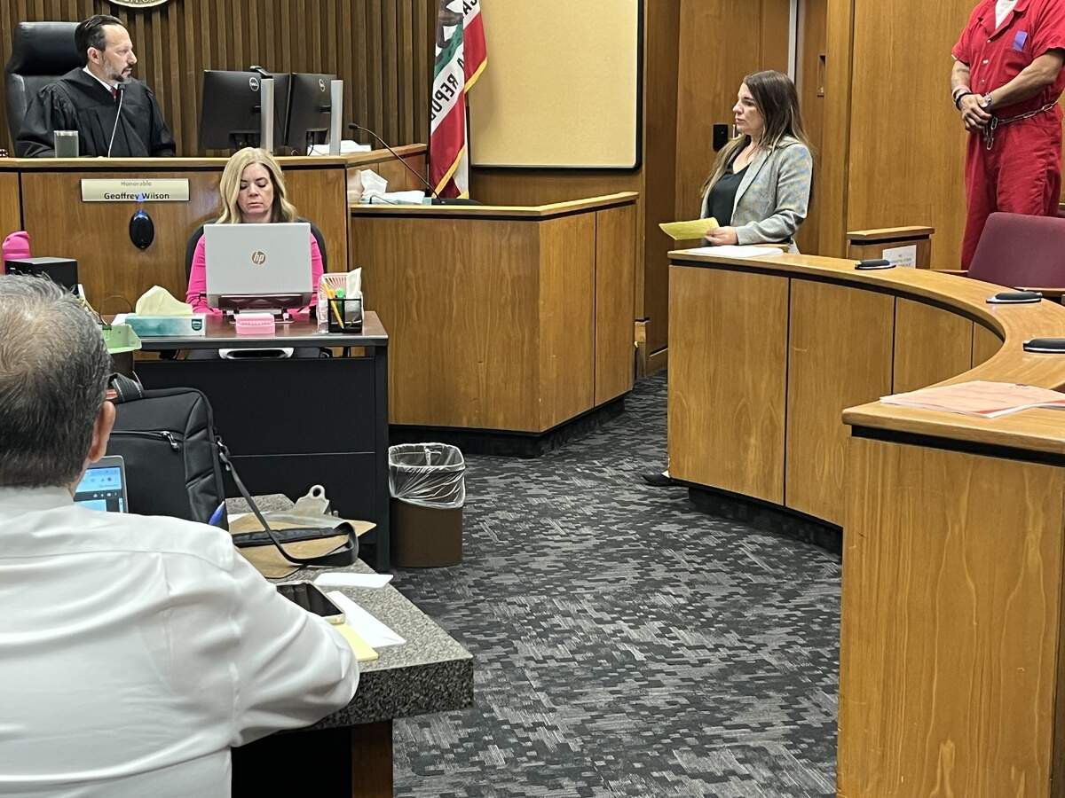 Fresno County Superior Court Judge Geoffrey Wilson, left, presides over the competency evaluation of suspect Larry Torrez, right, with attorney Katie Parker by his side, on July 6, 2026. The judge did not allow media to show Torrez’s face.