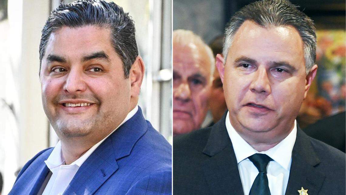 Mark Salazar, left, and John Zanoni, right, are candidates for Fresno County Sheriff in the June 7, 2022, primary election. Salazar photo by Craig Kohlruss, Zanoni photo by Eric Paul Zamora. Composite by Eric Paul Zamora.