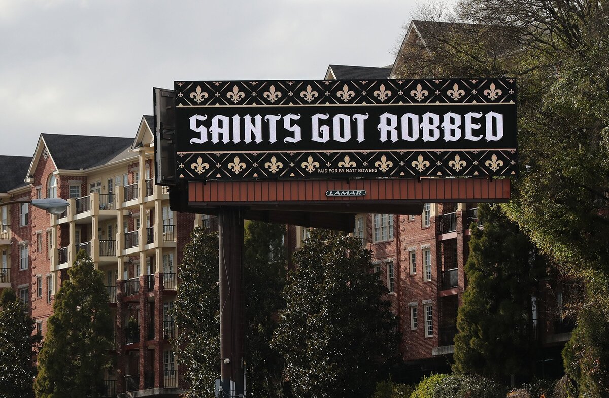 A digital billboard on I-85 South at Peachtree Road in Atlanta in reaction to the non-call on a blatant pass interferance play by the Los Angeles Rams against the New Orleans Saints during the NFC Championship Game, as seen on Tuesday, Jan. 22, 2019.