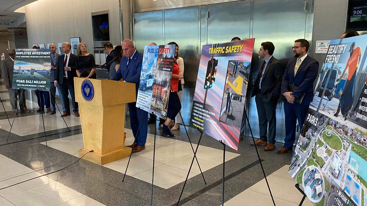 Mayor Jerry Dyer, at podium, is joined by city department directors in May 2023 as he discusses his proposed budget for the city of Fresno for the 2023-24 budget year that began last July. For the upcoming 2024-25 budget year, however, Dyer said the city is facing a potential deficit of more than $37 million.