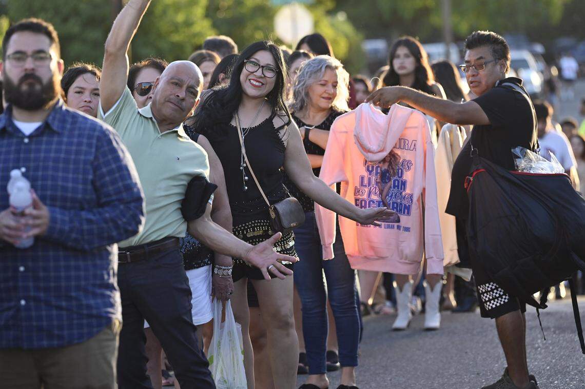 Fans stand in line to see Colombian singer Shakira at her sold out Las Mujeres Ya No Lloran World Tour show held at Valley Children's Stadium, August 7, 2025 in Fresno.