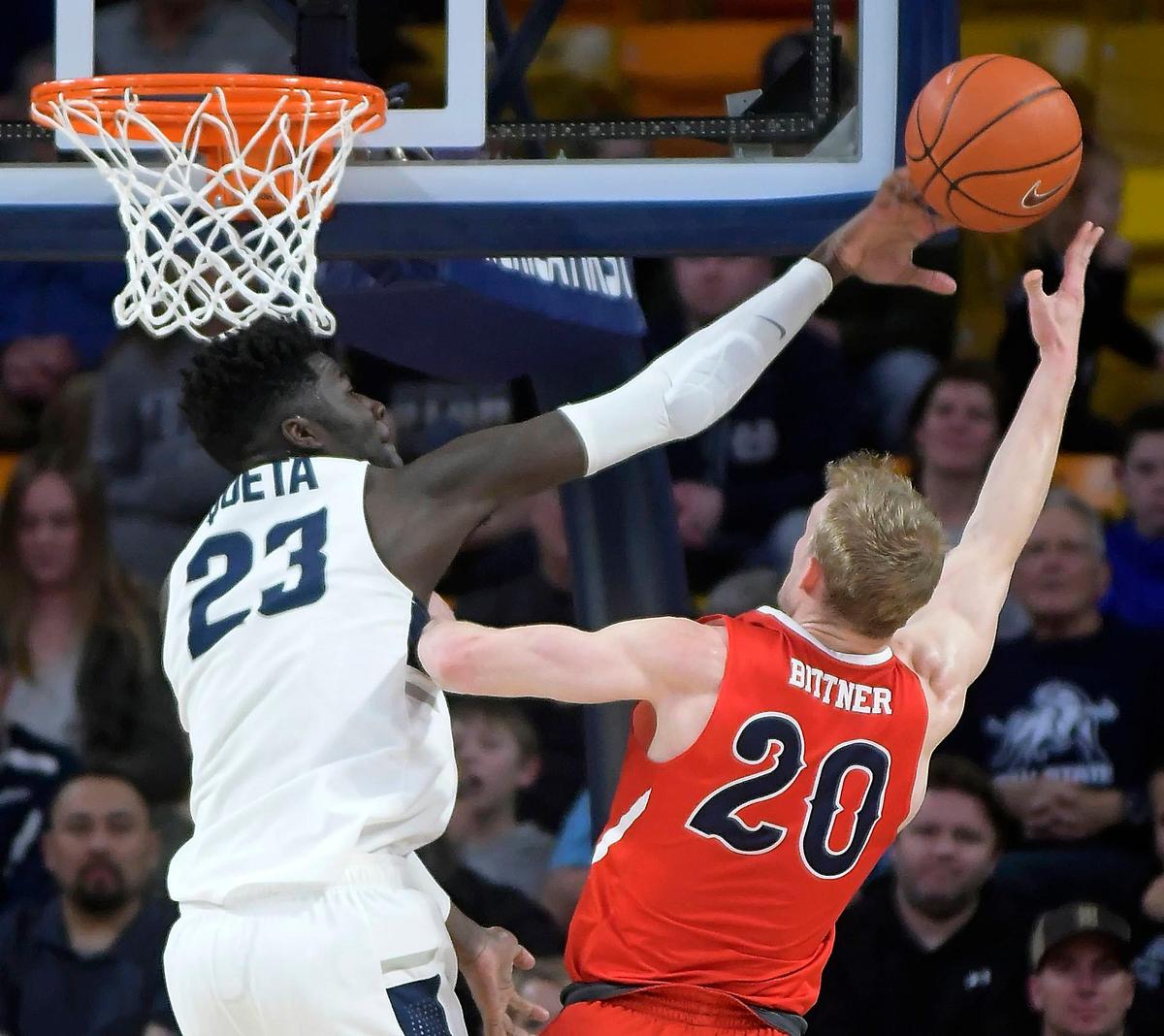 Utah State center Neemias Queta (23) blocks the shot of Fresno State forward Sam Bittner (20) during the Bulldogs 78-77 victory over the Aggies Wednesday, Jan. 9, 2019, in Logan, Utah.