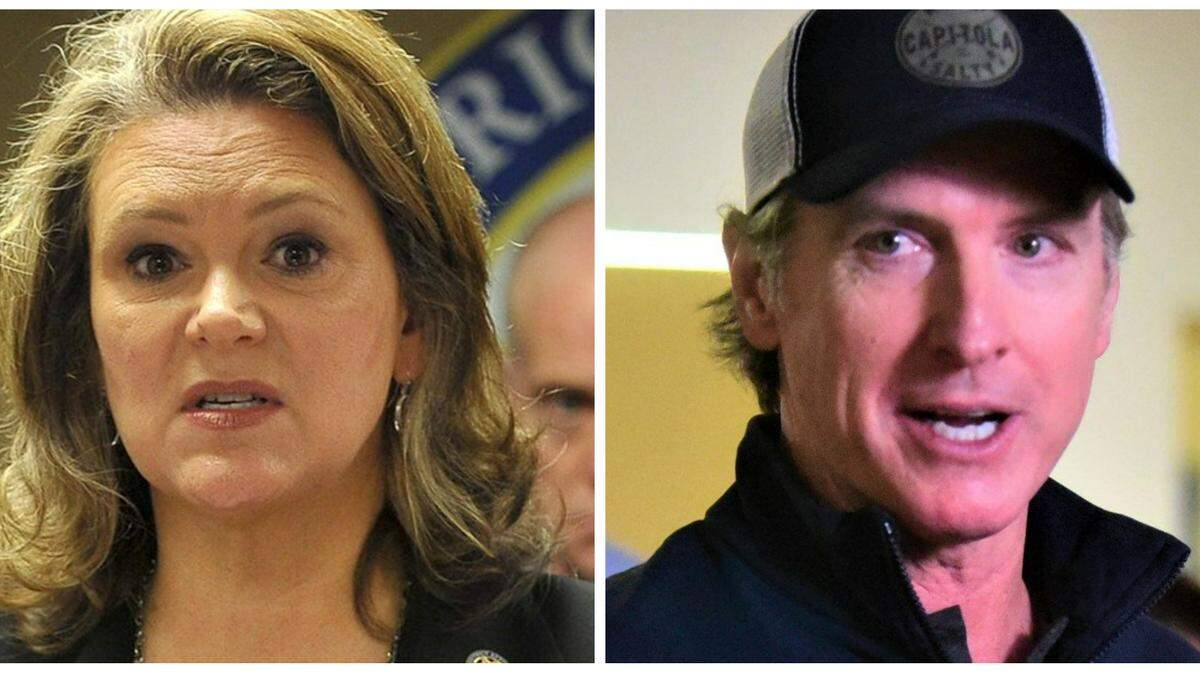 Fresno County DA Lisa Smittcamp, left, and California Governor Gavin Newsom, right