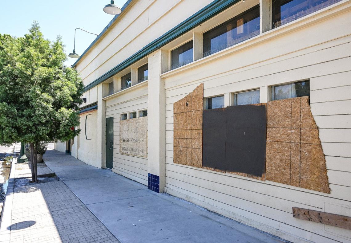 The location of the old Wild Blue Yonder on Fulton Street near Olive Avenue in the Tower District is boarded up in this file photo from 2024, years after the iconic music venue closed.