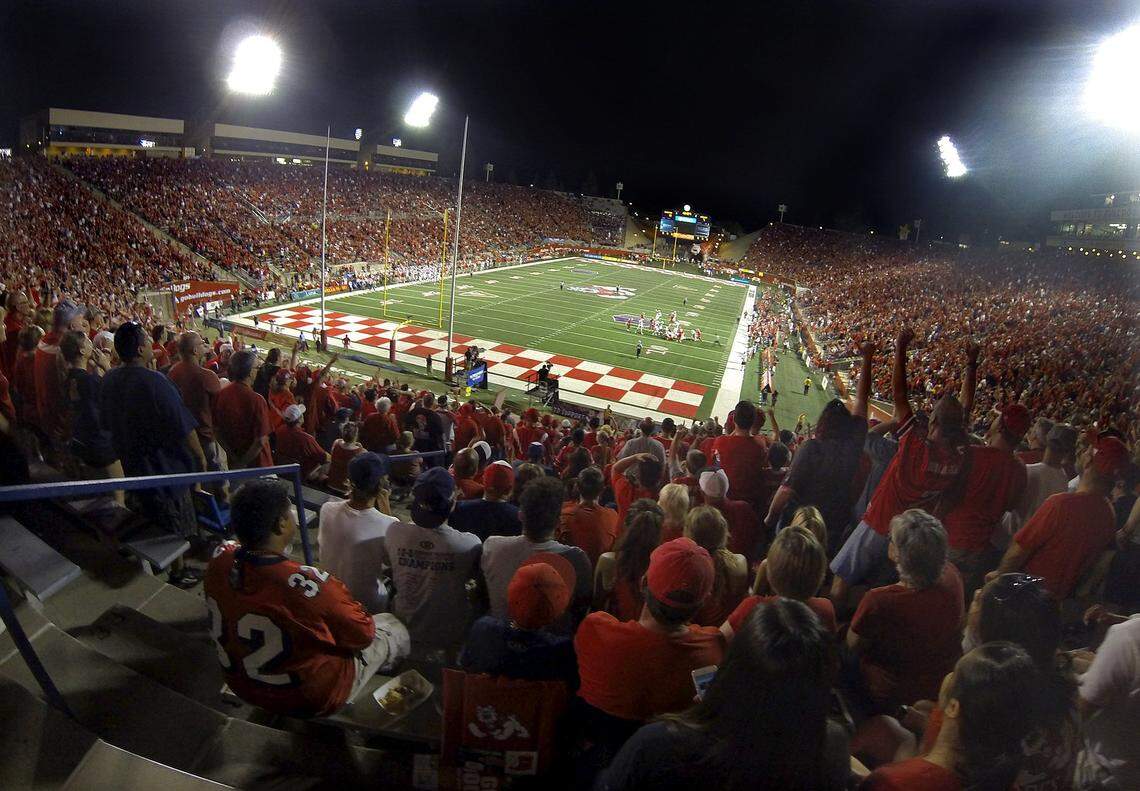 Fans pack Bulldog Stadium for the 2014 opener against Nebraska. “Perhaps no other event in our diverse Central Valley has the power to gather and unite over 41,000 people behind one common cause like Fresno State football games do six times every fall season,” says university President Saúl Jiménez-Sandoval.