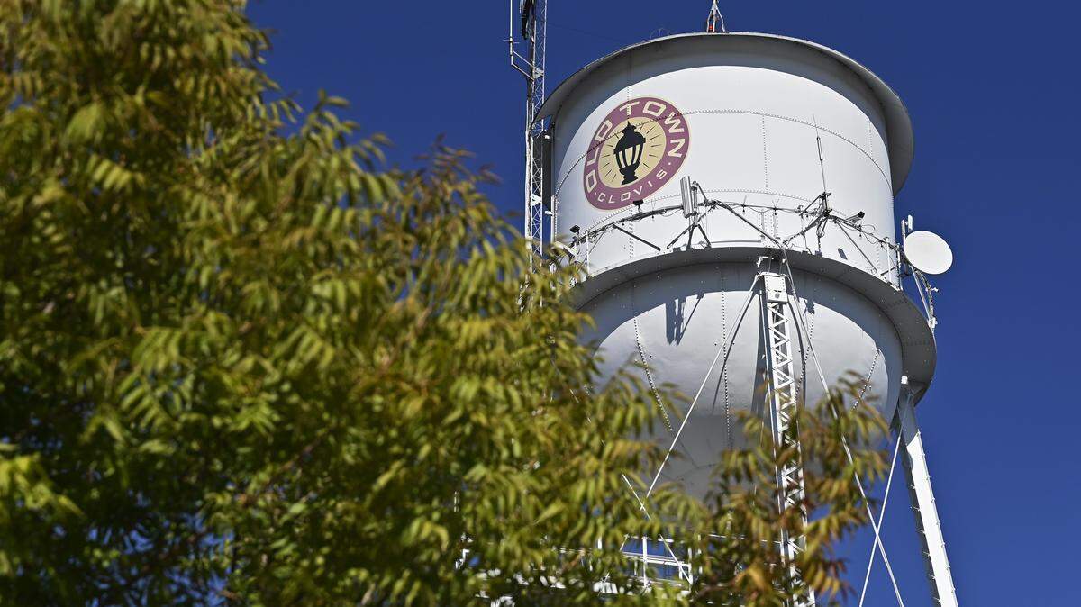 The water tower just east of Old Town Clovis is seen Tuesday, Oct. 7, 2025 in Clovis.