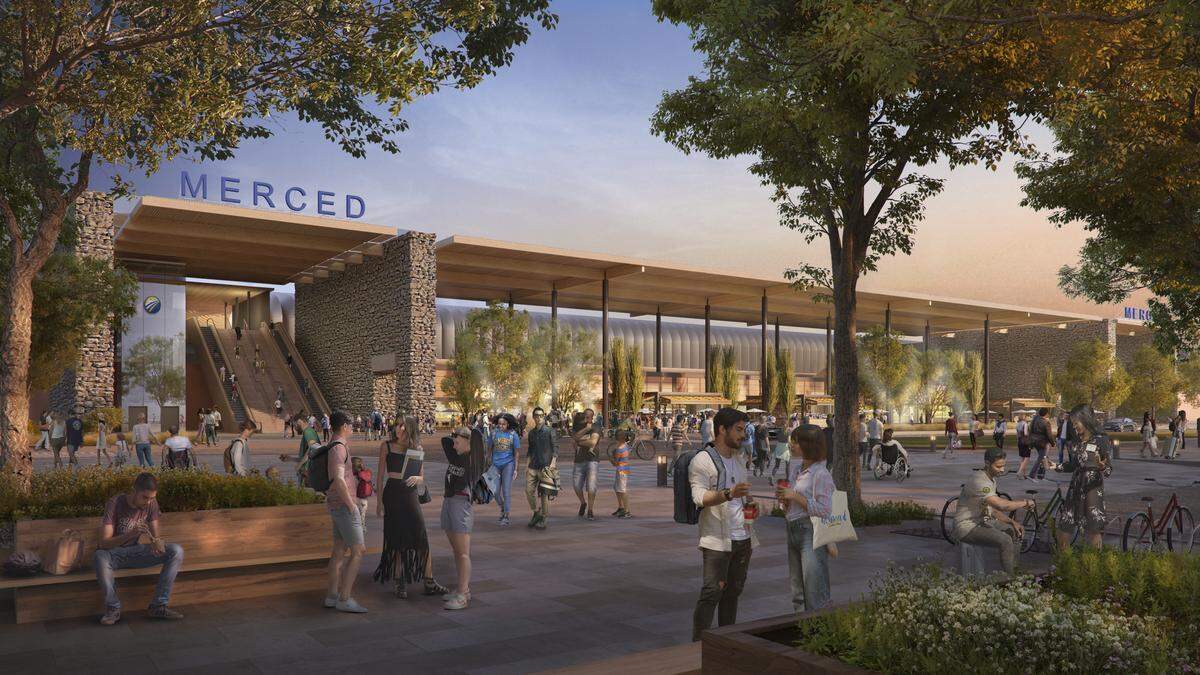 An artist’s rendering shows what the California High Speed Rail station planned for Merced could look like.