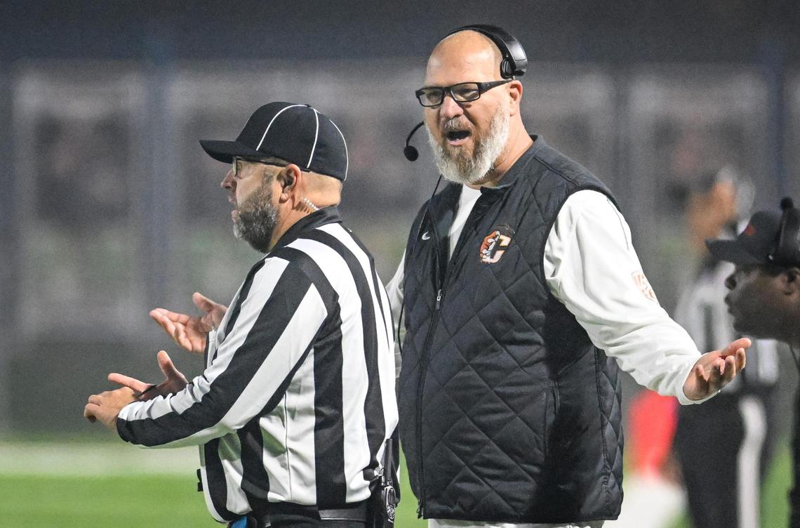 Central head coach Kyle Biggs expresses his displeasure to a ref about a call during the Grizzlies’ CIF North regional Division 1-A game against St. Ignatius at Central High on Saturday, Dec. 7, 2024.