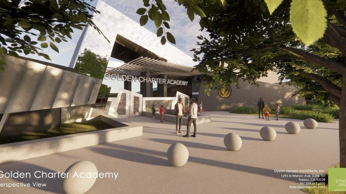 The front entrance of the soon-to-be constructed main entrance of the new Golden Charter Academy on Belmont Avenue across from Fresno Chaffee Zoo. The 24.5 million project gained final approval by the Fresno City Council during its Dec. 5, 2024 meeting. Construction is expected to begin in early 2025.
