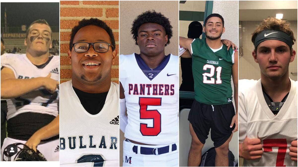 Here are The Fresno Bee Player of the Week 4 nominees from left to right: Cade Foraker of Clovis North, Jalen O’Neal of Bullard, Jordan Hornebeak of San Joaquin Memorial, Daniel Trujillo of Lindsay and Cade Uehling of Buchanan.