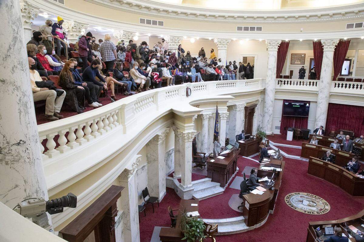 Idaho students fill the gallery as H377 is debated and passed by the Idaho Senate at the Idaho Statehouse in Boise last year. The senate approved legislation aimed at preventing schools and universities from “indoctrinating” students through teaching critical race theory, which examines the ways in which race and racism influence American politics, culture and the law.