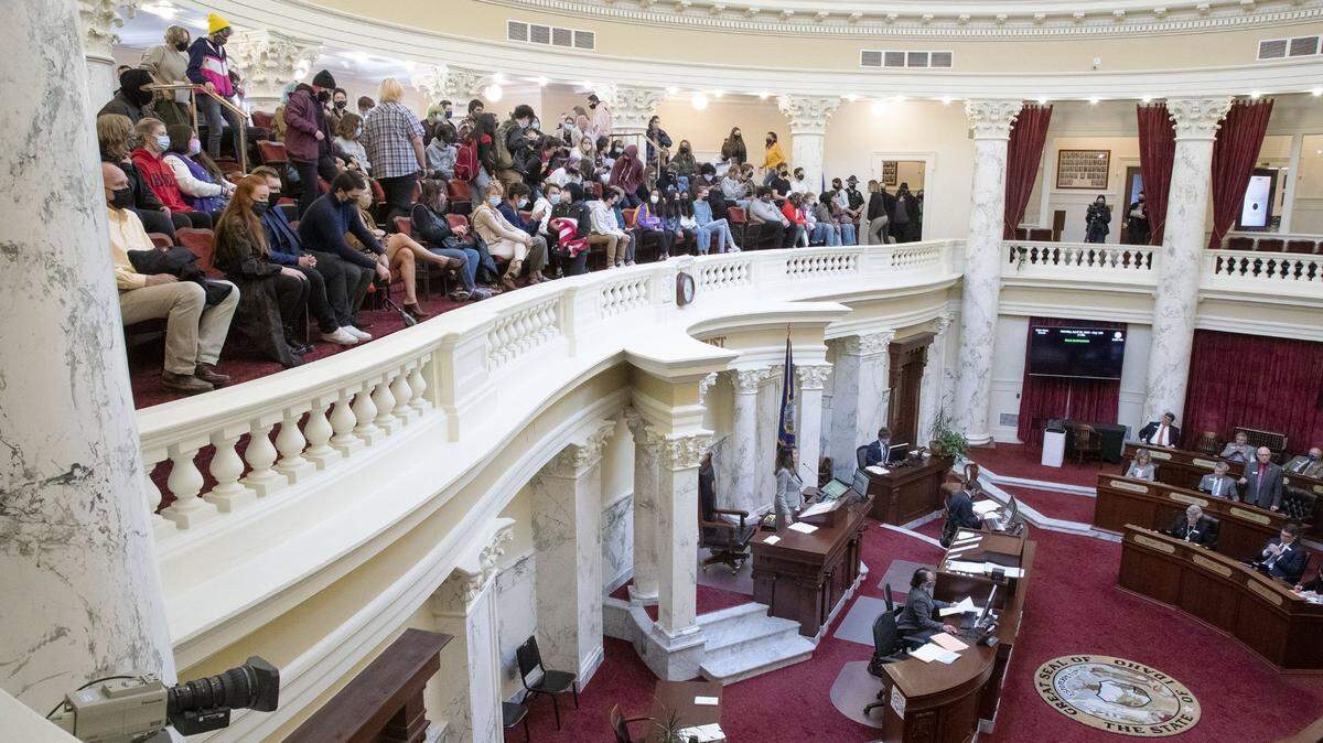 Idaho students fill the gallery as H377 is debated and passed by the Idaho Senate at the Idaho Statehouse in Boise last year. The senate approved legislation aimed at preventing schools and universities from “indoctrinating” students through teaching critical race theory, which examines the ways in which race and racism influence American politics, culture and the law.