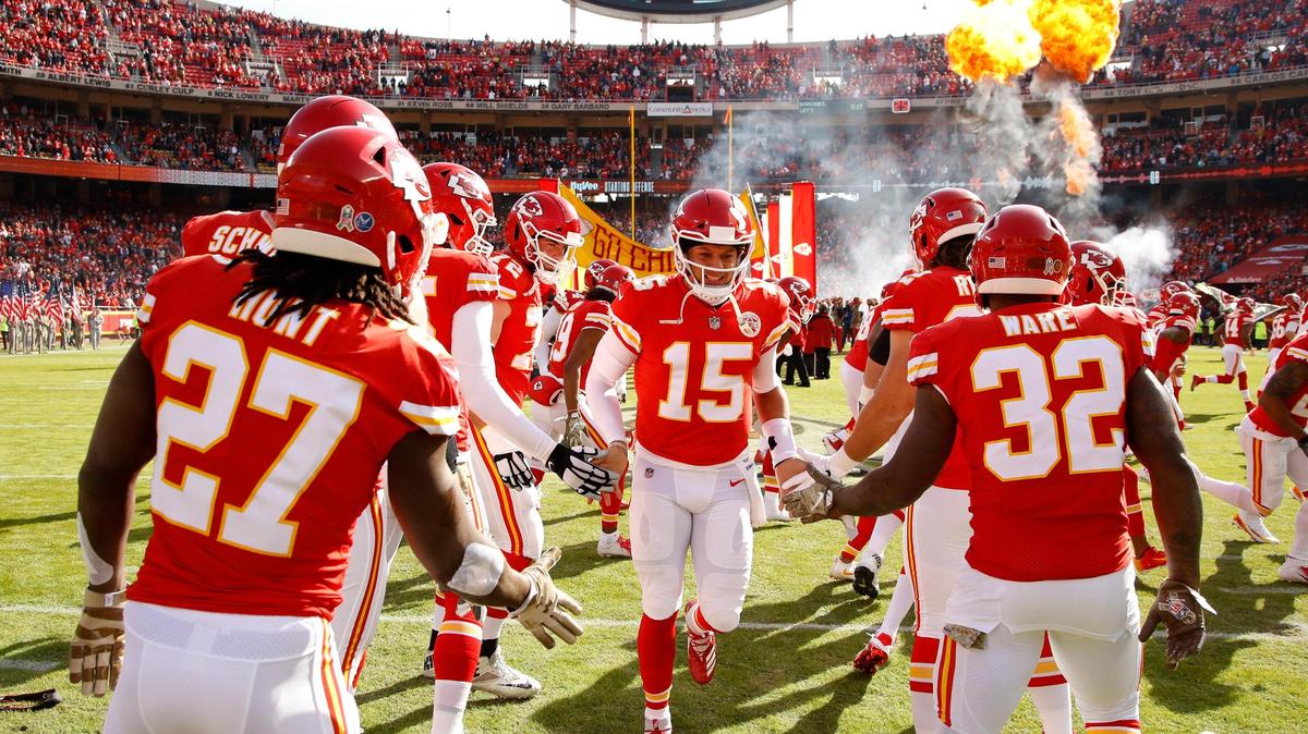 Kansas City Chiefs quarterback Patrick Mahomes (15) runs onto the field before a 26-14 victory over the Arizona Cardinals Sunday, Nov. 11, 2018, in Kansas City, Mo. Mahomes is a leading candidate to win the NFL most valuable player award.
