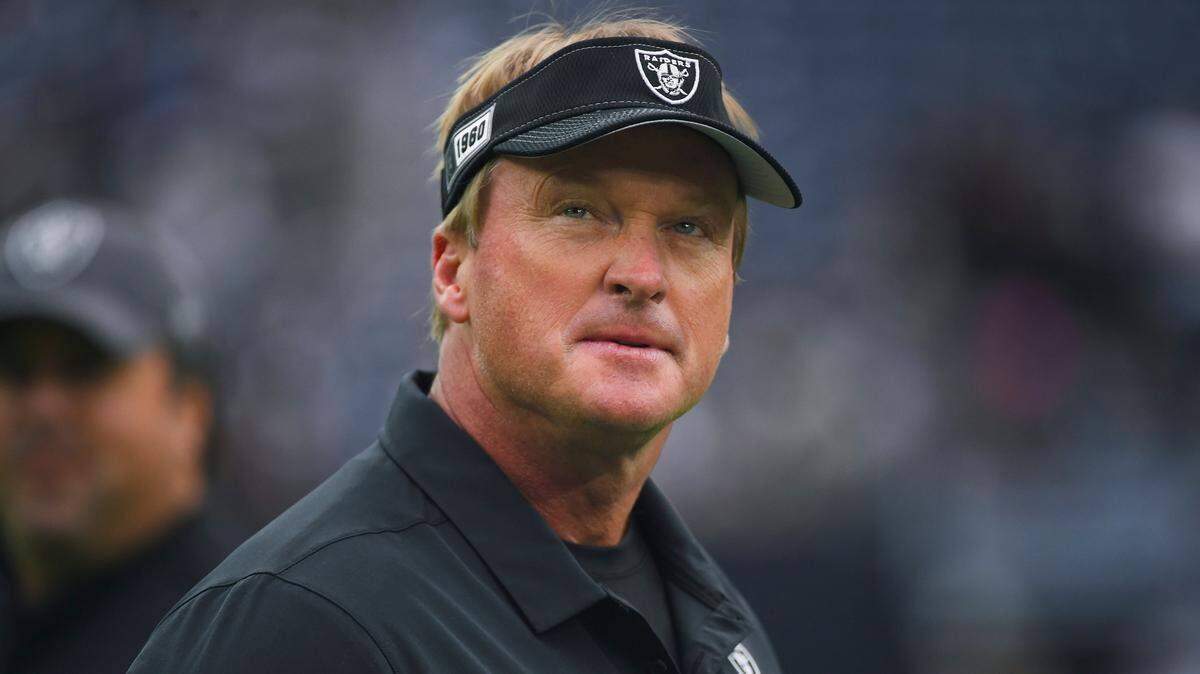 Oakland Raiders head coach Jon Gruden before an NFL football game against the Houston Texans Sunday, Oct. 27, 2019, in Houston.