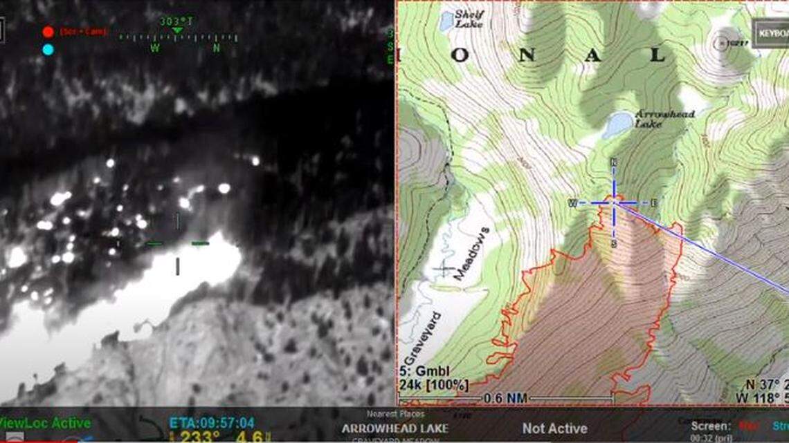 A screen capture from infrared video shows white-hot fire activity of the Creek Fire in the area near Arrowhead Lake in eastern Fresno County. The video was shot Friday, Oct. 30 by a U.S. Forest Service Firewatch Cobra helicopter.