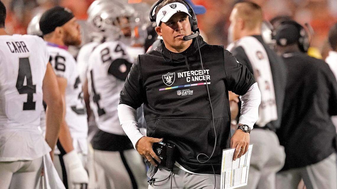 Las Vegas Raiders head coach Josh McDaniels watches during the second half of an NFL game against the Kansas City Chiefs Monday, Oct. 10, 2022, in Kansas City, Mo. The Chiefs won 30-29.