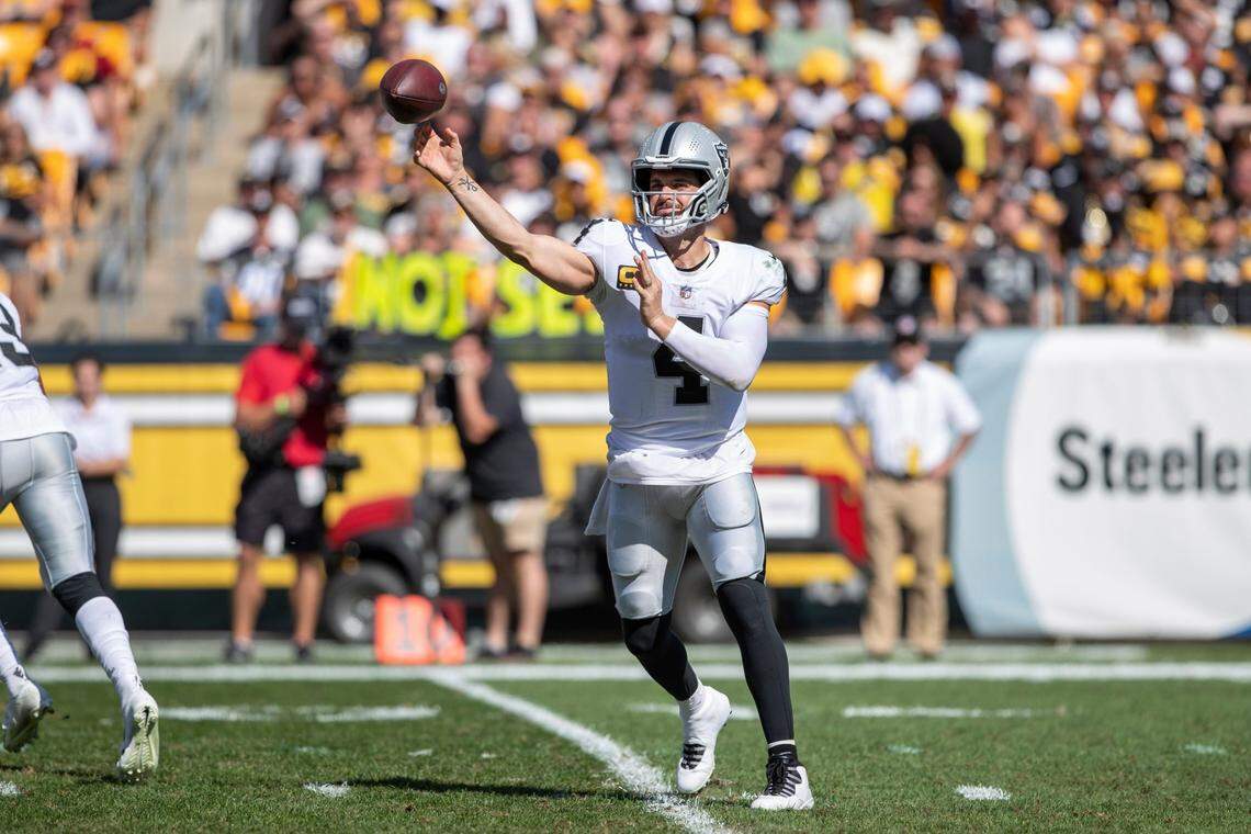 Las Vegas Raiders quarterback Derek Carr throws a pass during an NFL football game Sunday, Sept. 19, 2021, in Pittsburgh.