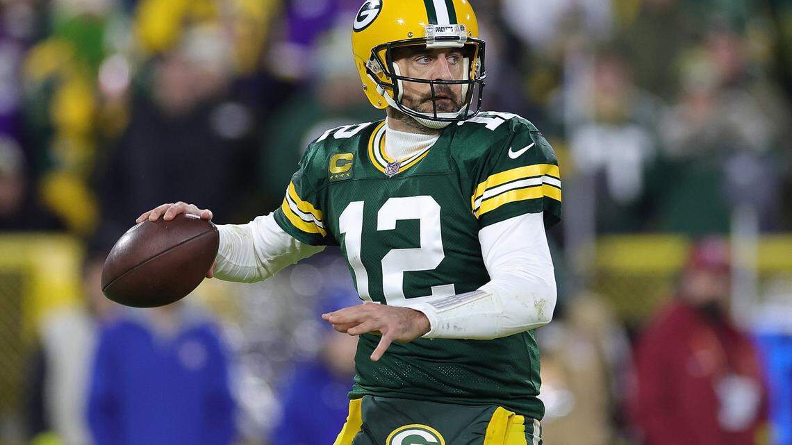 Aaron Rodgers of the Green Bay Packers looks to pass during a game against the Minnesota Vikings at Lambeau Field on Jan. 1, 2023, in Green Bay, Wis.