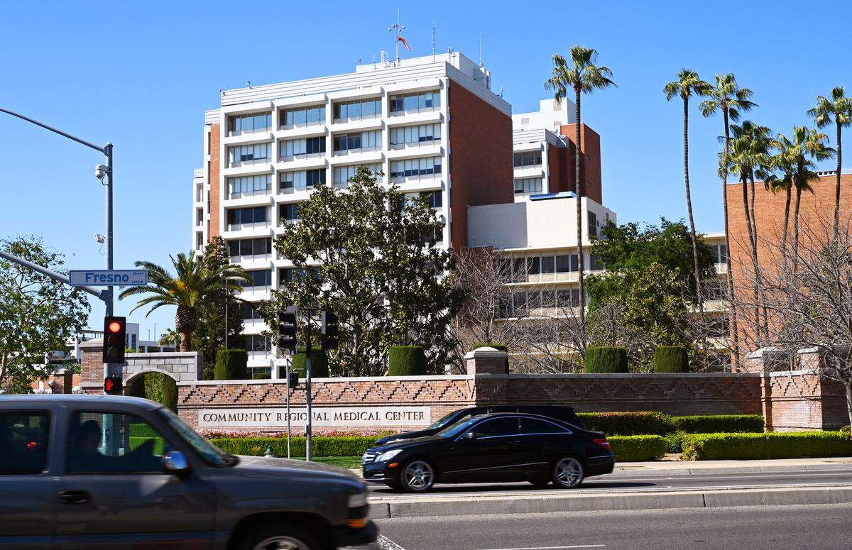 An exterior of Community Regional Medical Center with Fresno Street in the foreground, photographed Wednesday, March 23, 2022 in Fresno.