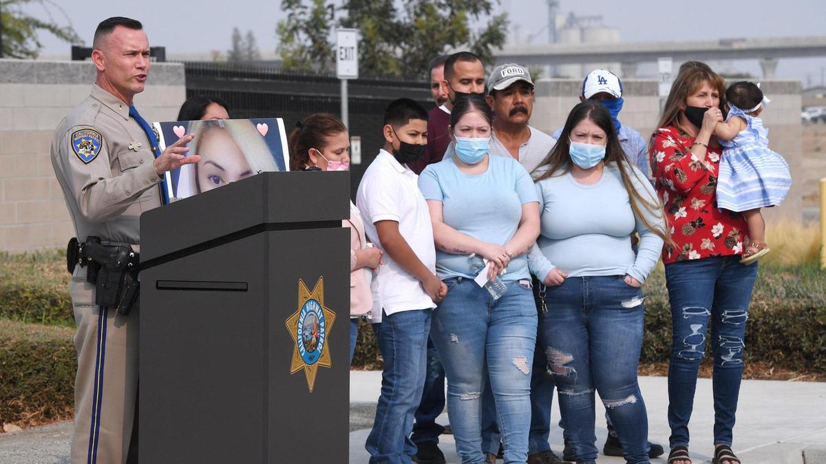 With Juliana Ramos’ family in the background, California Highway Patrol Lt. Austin Matulonis, far left, announces the arrest of James Leonard Comazzi, 68, a Sonora man, as a suspect in the case where 26-year-old Juliana Ramos was killed acting as a Good Samaritan following a collision on northbound 99 at a press conference Tuesday, Oct. 5, 2021 in Fresno. Ramos had stopped her vehicle to render aid to a victim of a collison on Feb. 19 when she was struck and killed by the driver of a red SUV who sped away.