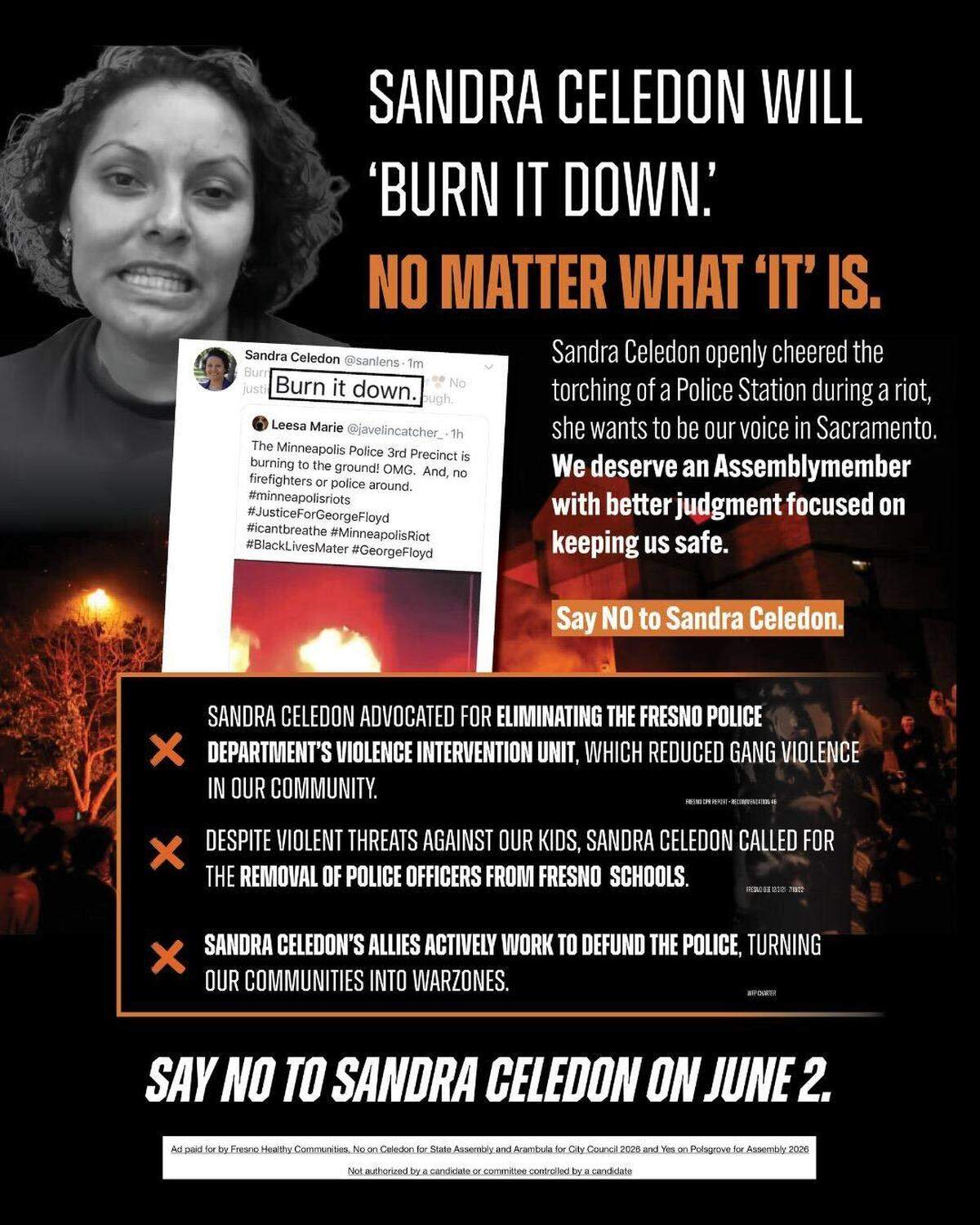 An independent expenditure committee is reminding voters via text that Sandra Celedon once posted “burn it down” after the George Floyd riots in 2020.