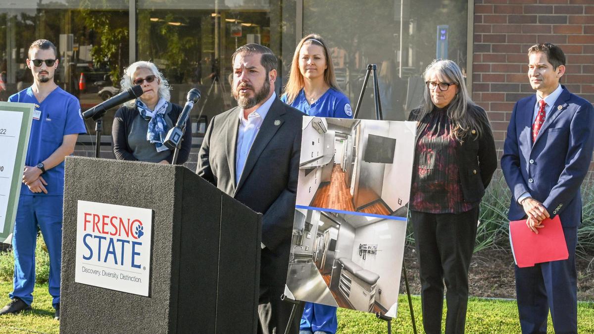 Assemblymember Dr. Joaquin Arambula speaks during a press conference announcing $4 million of state budget general funds has been secured for the Fresno State mobile health unit at Fresno State on Tuesday, Oct. 4, 2022.