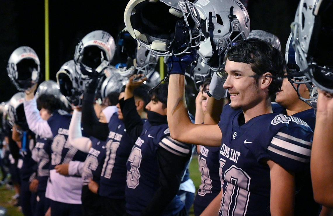 Clovis East celebrates its 38-21 win over Clovis North for the TRAC championship Friday, Nov. 1, 2024 in Clovis.
