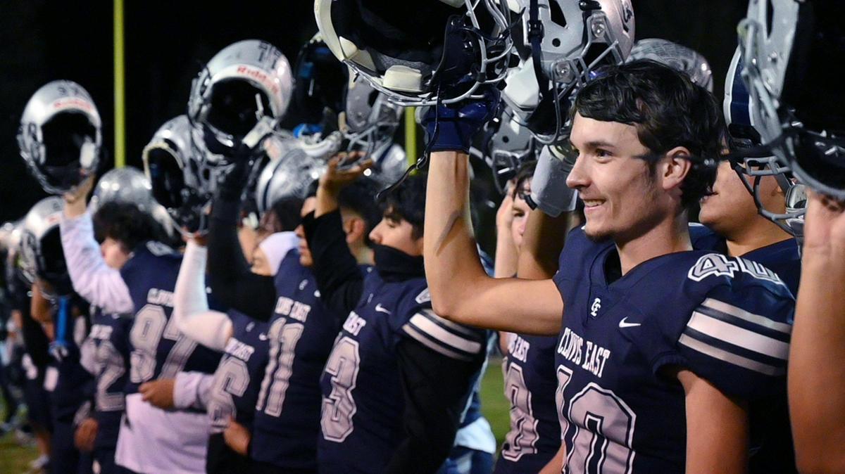 Clovis East celebrates its 38-21 win over Clovis North for the TRAC championship Friday, Nov. 1, 2024 in Clovis.