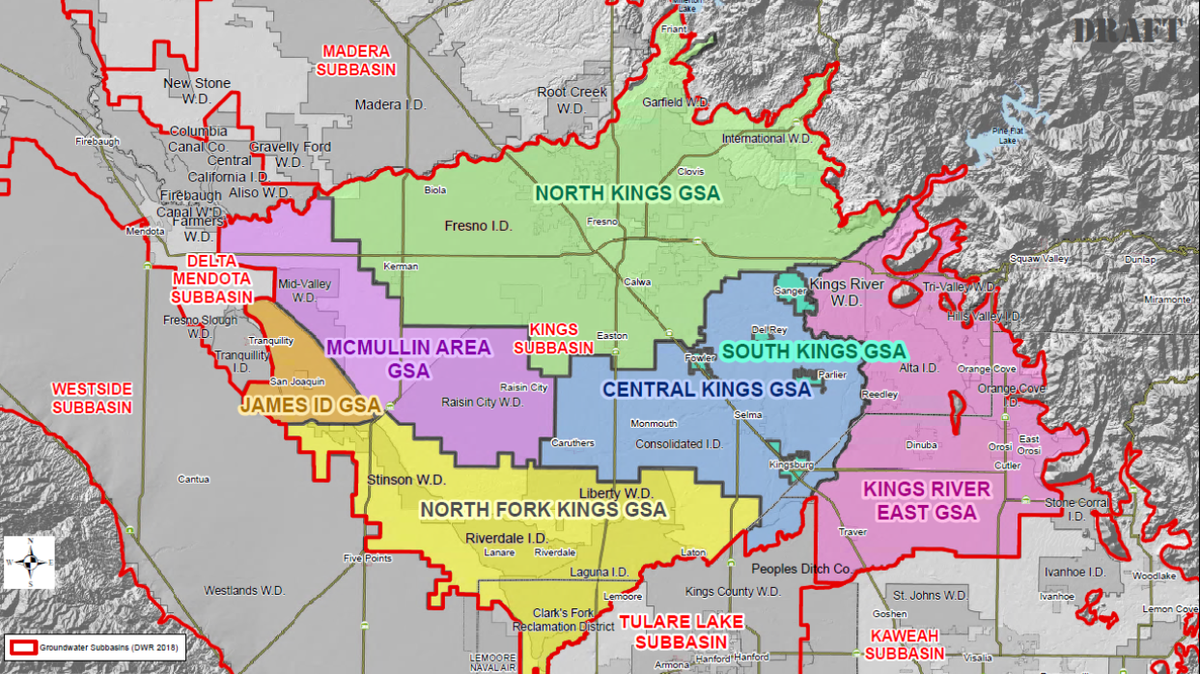 North Fork Kings Groundwater Sustainability Agency, in yellow at the southern edge of the Kings subbasin, is spearheading a program to protect domestic wells in its boundaries.