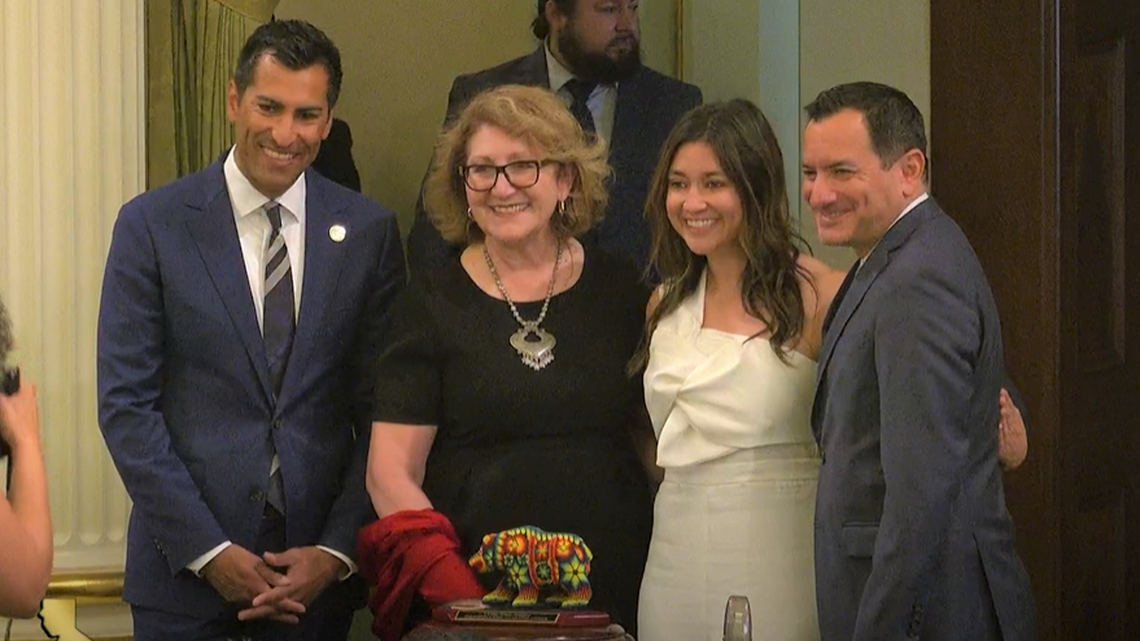 Latino Caucus members Eloise Gomez Reyes, Robert Rivas and Assembly Speaker Anthony Rendon with Jenna C. Contreras (Achievement in Journalism & Media), who was recognized during the 20th annual Latino Spirit Awards on each floor of the Legislature on May 2.